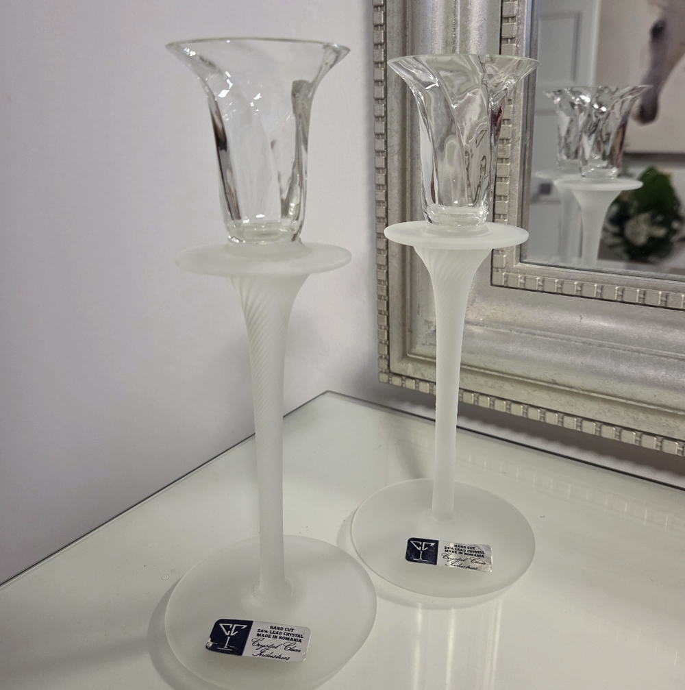 Crystal Clear Industries Glass Candlestick Holders 24% Lead - Set Of 2